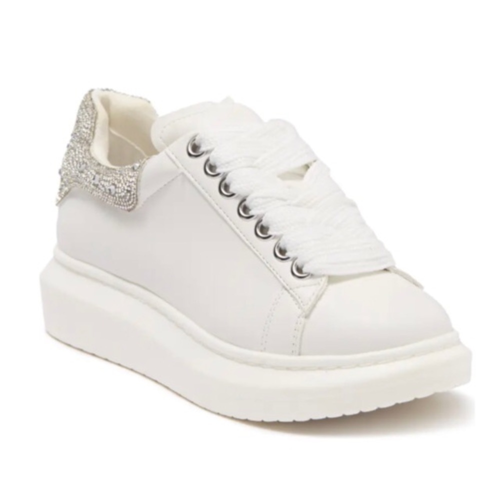 Steve Madden Women’s Gains White Platform Sneakers w/ Rhinestone Heel.